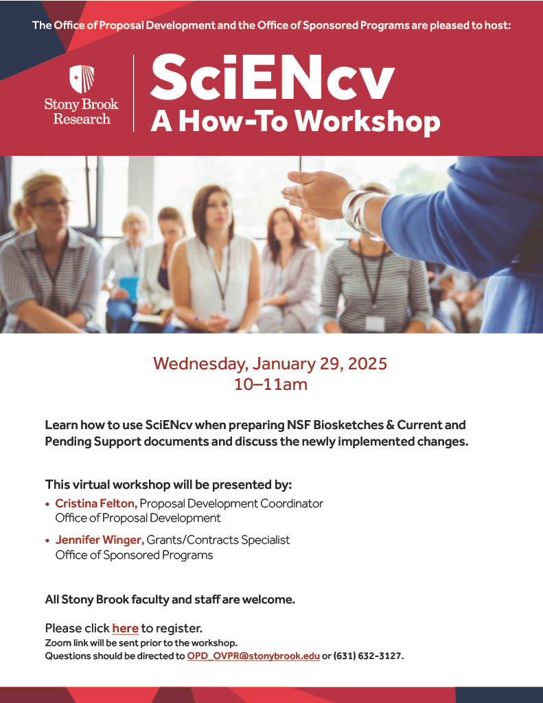 🗓️ Join OPD and OSP on January 29 at 10 am for a virtual SciENcv workshop to learn how to prepare biosketches &amp; support documents for NSF requirements. stonybrook.edu/commcms/propos…