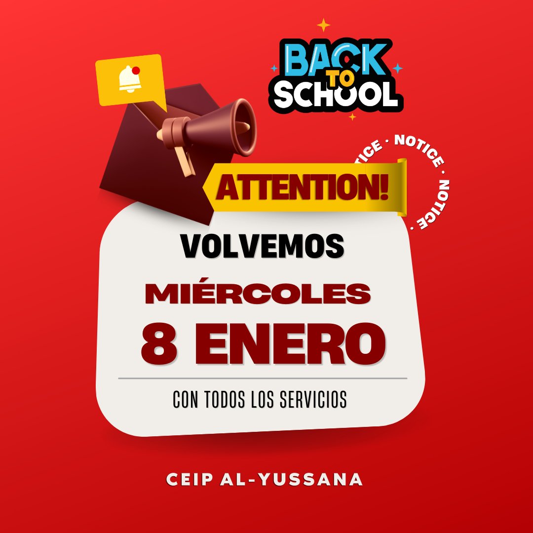 📅✨ ¡Atención, familias! Recordamos que la vuelta a clases después de las vacaciones de Navidad será el miércoles 8 de enero. 🎉Todos los servicios estarán activos:aula matinal, comedor,acompañamiento de mediodía,actividades extraescolares..
¡Nos vemos pronto! 🎈😊 #VueltaAlCole