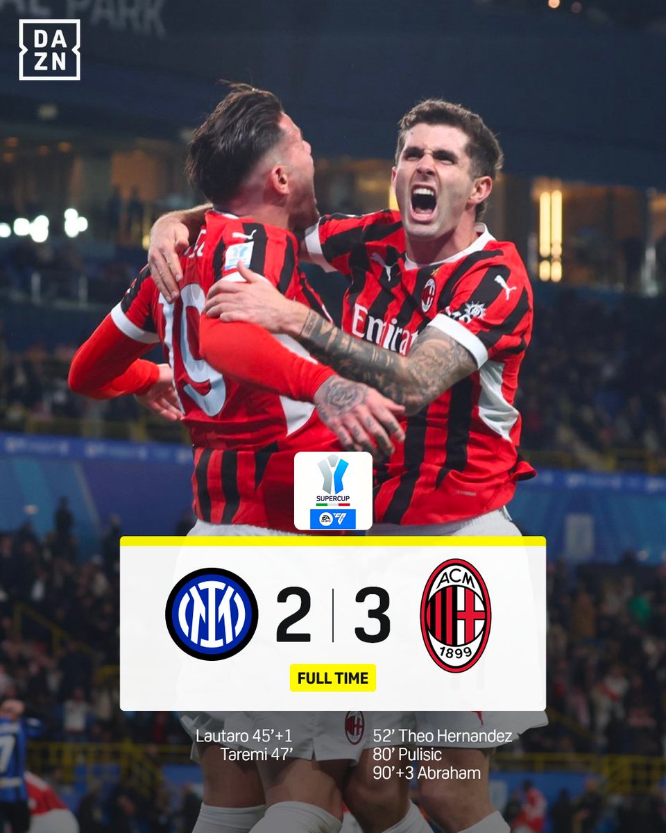 DAZN_IT's tweet photo. Theo Hernandez ➕ Pulisic ➕ Abraham ✅
Il Milan di Conceição vince la #Supercoppaitaliana 🏆🇮🇹
Inter beffata al minuto 9️⃣3️⃣⚠️

#InterMilan #EASPORTSFCSupercup #DAZN https://t.co/34FhMZujXY