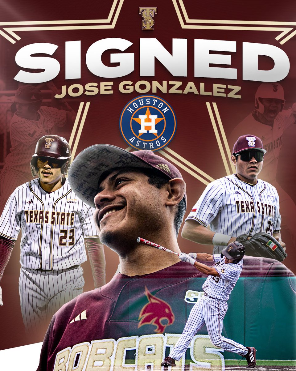 TxStateBaseball's tweet photo. Congrats to Bobcat alum Jose Gonzalez on signing a minor league deal with the Houston Astros!

📰: https://t.co/WSt2OroRS3

#EatEmUp #SlamMarcos x @BrotherGonz23 @astros https://t.co/1qGSpSNVvc