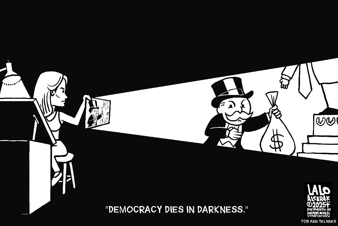 My friend and Pulitzer Prize winning colleague Ann Telnaes quit the Washington Post in protest of the killing of a proposed cartoon criticizing the publisher and his billionaire buds. Here's my tribute to Ann.