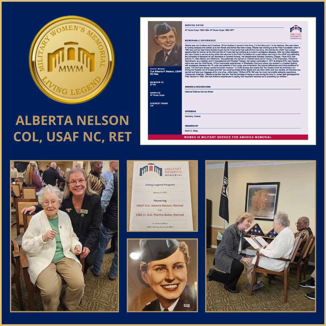 womensmemorial's tweet photo. Yesterday, MWM President Phyllis Wilson and our CO Ambassador Annette Johnson had the honor of proclaiming Col Alberta Nelson, USAF NC, Ret. a Military Women's Memorial Living Legend in Aurora, CO. What a celebration!

#HerMemorial #MWMLivingLegend #HonorEducateEmpowerRemember https://t.co/JYlSuSsLh2