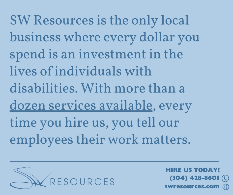 SWResources's tweet image. SW Resources is a nonprofit. Hiring us provides employment opportunities for over 250 individuals with disabilities. 📈

Take a look at our services today for your business needs at swresources.com.

Contact us at (304) 428-6344 to get a quote today!