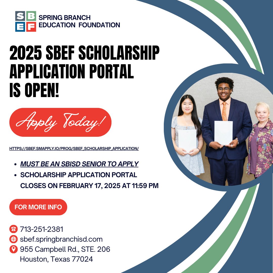 Attention all SBISD seniors! The Spring Branch Education Foundation Scholarship is now open! Don't forget to APPLY! 
#SBISD #T24 #SBEF