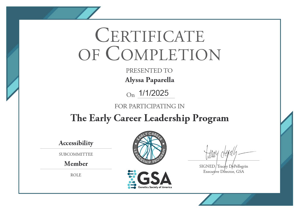 Alyssa Paparella (@alyssapaparella) on Twitter photo I can't believe three years has gone by already with <a href="/GeneticsGSA/">Genetics Society of America</a>! I've had such an amazing time being part of ECLP and helping raise awareness of accessibility concerns!
Thank you to GSA and I can't wait to see the continued success of the Accessibility Subcommittee and ECLP! I can't believe three years has gone by already with <a href="/GeneticsGSA/">Genetics Society of America</a>! I've had such an amazing time being part of ECLP and helping raise awareness of accessibility concerns!
Thank you to GSA and I can't wait to see the continued success of the Accessibility Subcommittee and ECLP!
