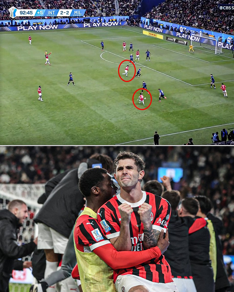 ESPNFC's tweet image. Pulisic&apos;s ridiculous pass to Rafael Leão leading to the assist for AC Milan&apos;s winner just minutes after he scored the equalizer in the Italian Supercoppa final 🥶