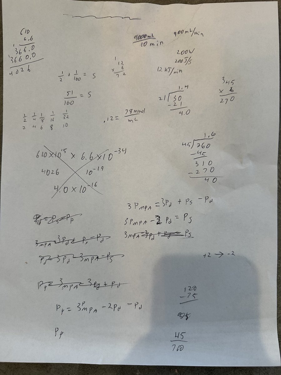Guess what’s not allowed on the Medical College Admission Test? A calculator. Here’s a pic of my son’s scratch paper from his practice exam yesterday. Note: multi-digit mult &amp; long division. Yes, it’s timed, too. Math ed peeps who deride algorithms &amp; recommend use of calculators