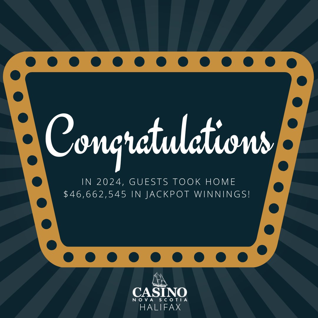 🎉 Jackpot Celebration! 🎉

In 2024, our guests took home an incredible $46,662,545 in jackpot winnings! 🤑

A huge congratulations to all the winners! Will 2025 be your year?

✨ Visit Casino Nova Scotia for your chance to join the winners' circle! ✨