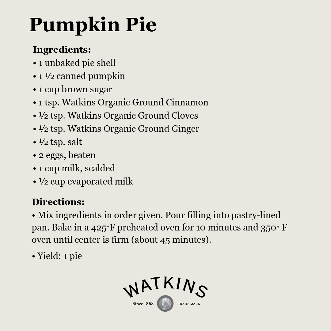 Swipe for a classic recipe from our Cooking the Watkins Way cookbook from 1975! ➡️ 

#watkins1868 #watkins #classicrecipe #baking #pumpkinpie