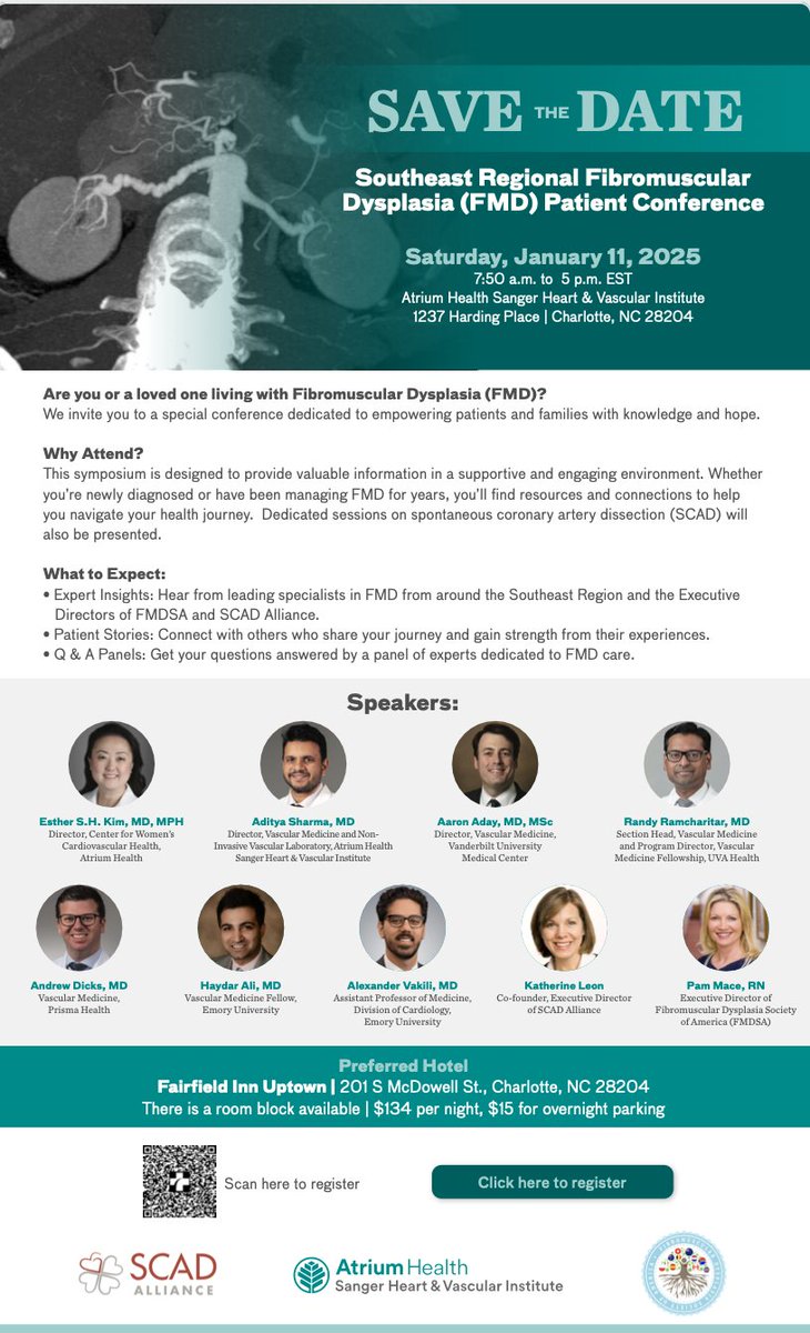 Atrium Health Sanger Heart & Vascular Institute (@atriumshvi) on Twitter photo Attention FMD & SCAD patients! 💙 The Southeast Regional Fibromuscular Dysplasia (FMD) Patient Conference is coming to Charlotte this weekend! <a href="/AtriumHealth/">Atrium Health</a> Sanger Heart & Vascular Institute. 🎉 Join us to connect, learn, and be inspired. #FMD #SCAD #HeartHealth Attention FMD & SCAD patients! 💙 The Southeast Regional Fibromuscular Dysplasia (FMD) Patient Conference is coming to Charlotte this weekend! <a href="/AtriumHealth/">Atrium Health</a> Sanger Heart & Vascular Institute. 🎉 Join us to connect, learn, and be inspired. #FMD #SCAD #HeartHealth