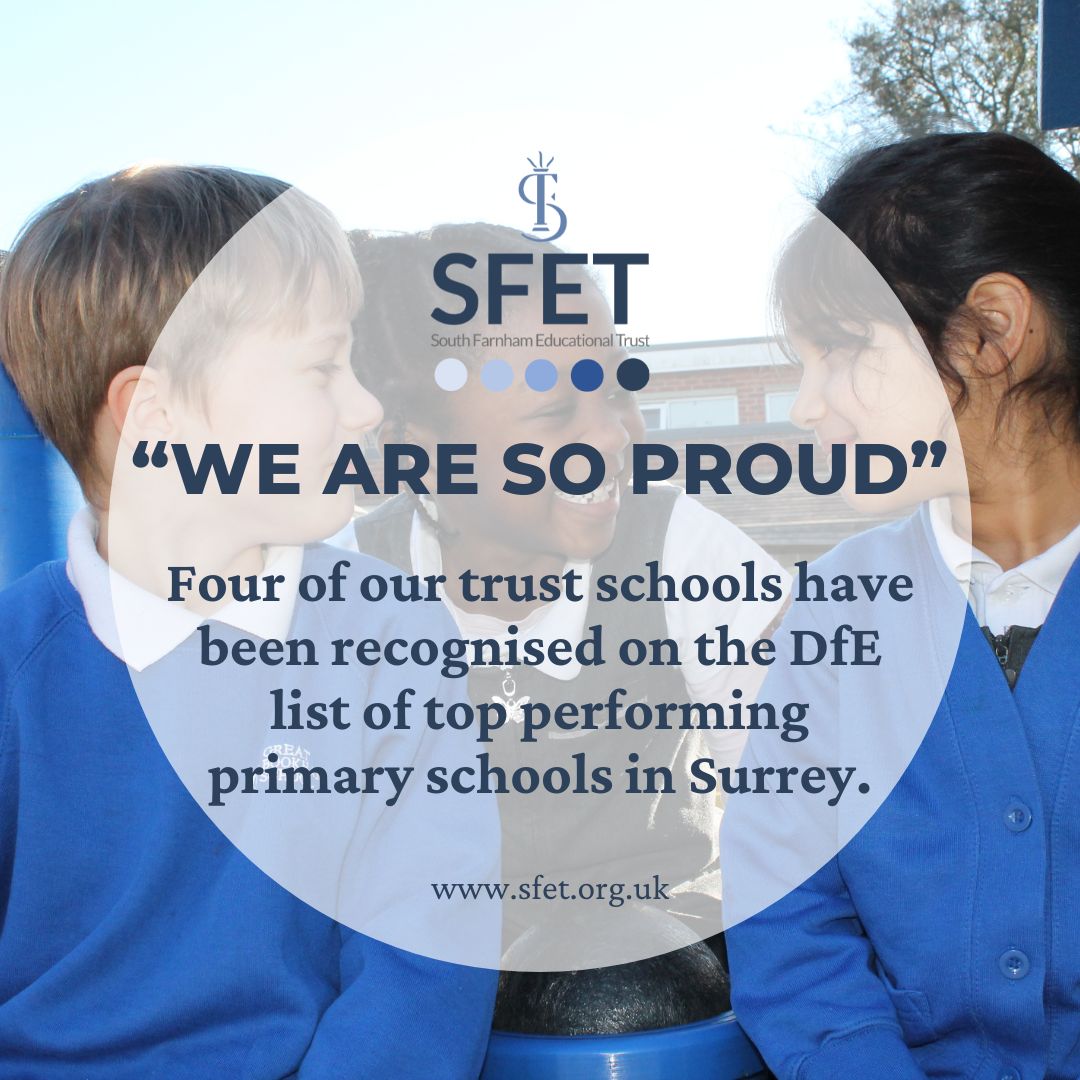 SFETrust's tweet photo. South Farnham Educational Trust celebrates an incredible milestone, with four schools ranking in Surrey’s Top 25 Best Performing Schools!
Well done to South Farnham School, The Raleigh, Great Bookham and Highfield South Farnham!
#TopSchool #SurreySuccess #Farnham #Surrey https://t.co/lfdmwvBzpf