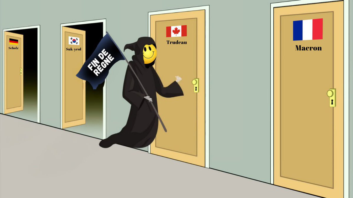 Minoritaire sur son budget, Trudeau est contraint à partir avant même de perdre les élections.

Après le Canada, l'Allemagne, la Corée du Sud, une seule leçon s'impose à Macron : la fin de règne est proche.

Démission !