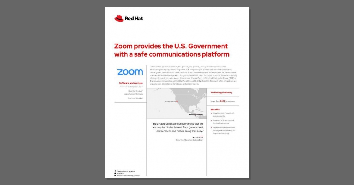 EliteParadigmL1's tweet image. You know what Zoom is and have probably used it. But did you know #ZoomforGovernment is built on @RedHat? Read this customer story to learn why Zoom relies on Red Hat for security, automation and compliance. stuf.in/bflo33