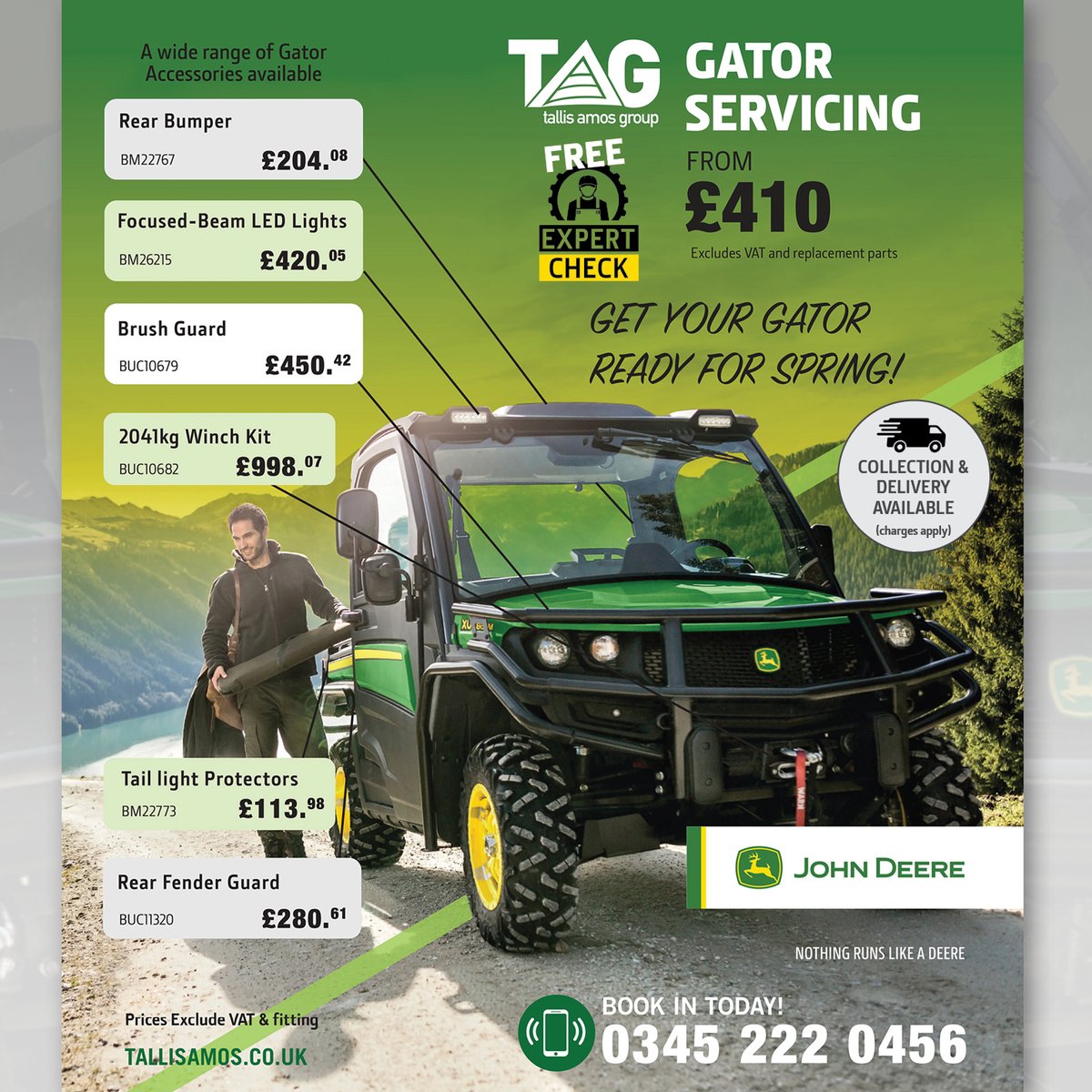 tallisamosgroup's tweet image. 🟢🐊Get your Gator Ready for Spring!
Gator #servicing From 🐊£410 
(Ex VAT &amp;amp; replacement parts)
Plus a... FREE EXPERT CHECK! 🔩☑️

🚛 Collection &amp;amp; Delivery available (charges apply)

And add some #gator accessories while it's in the workshop!💡

CALL📲 0345 222 0456 

@JohnDeere