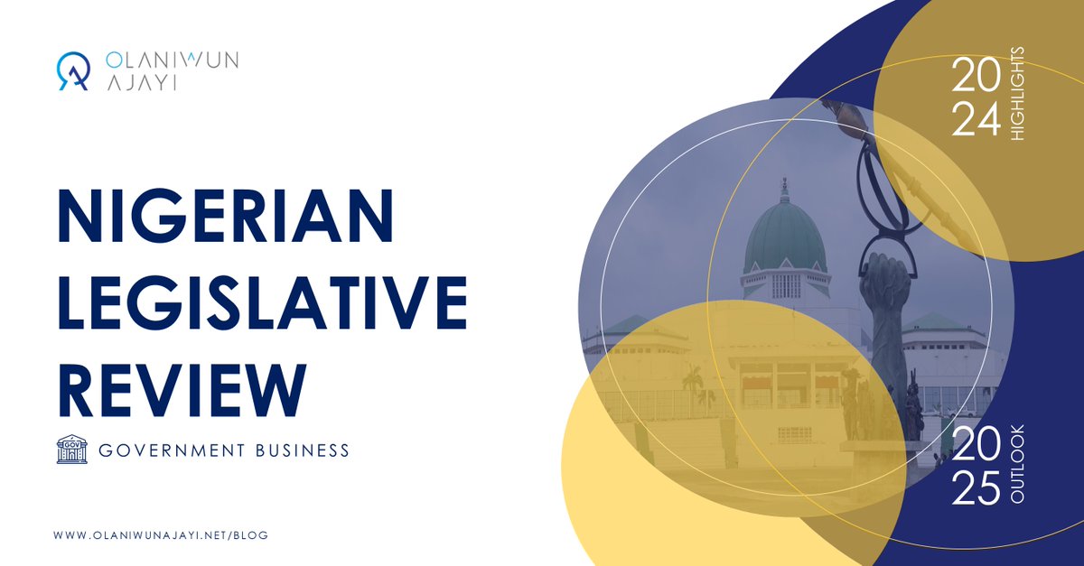OlaniwunAjayiLP's tweet photo. Our 2025 Wrap-Up/Outlook is here.

Reflecting on 2024, the Government Business Team at Olaniwun Ajayi LP reviews key legislative milestones and analyzes prospects for 2025.
🔗https://t.co/N3SJ9ZNrQt

_________________________
#LegislativeReview #2025Outlook https://t.co/08anFTLRYg