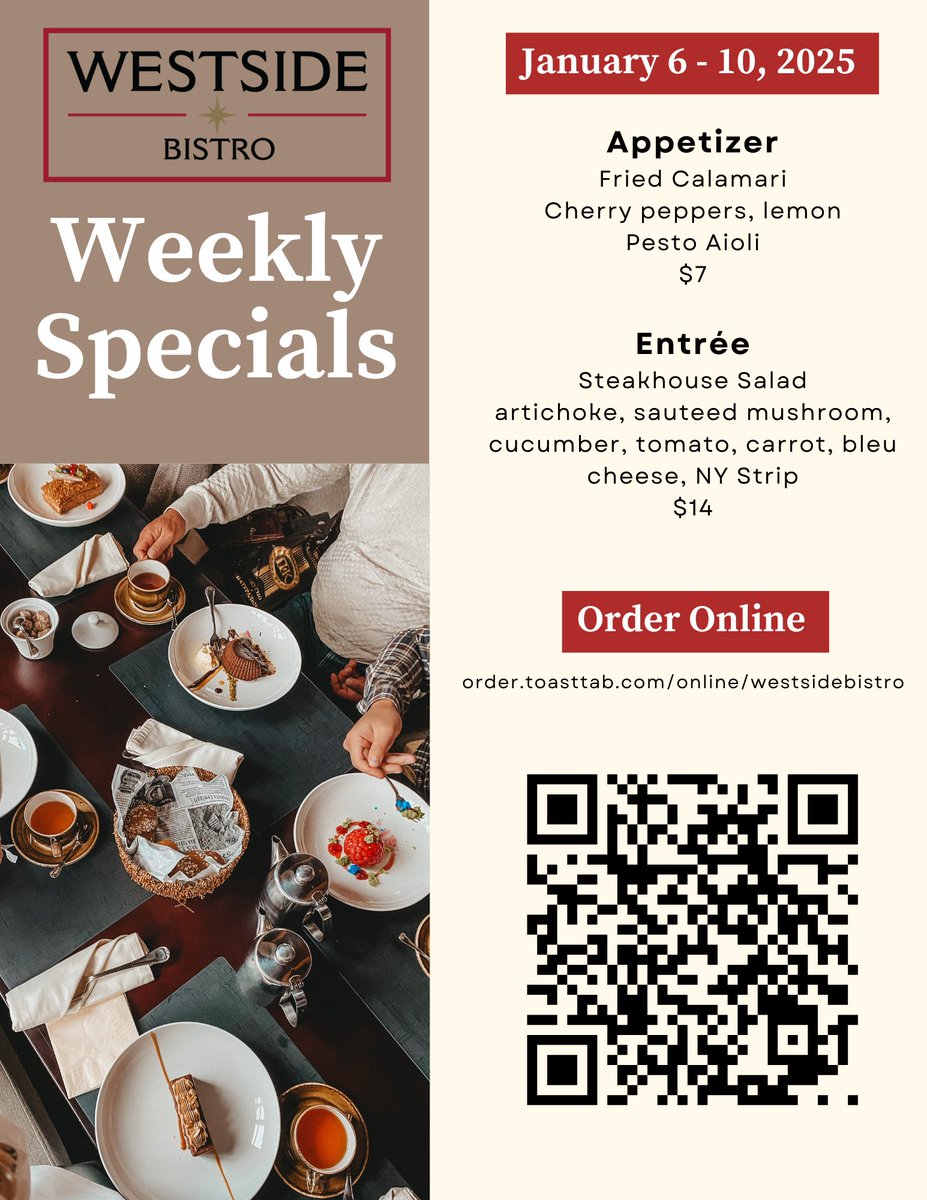 The weekly Westside Bistro Special is here! 

Indulge in a delightful combination of land and sea – begin with our golden Fried Calamari, followed by the Steakhouse Salad, 
This offer is only available for a short period – come in and treat yourself!