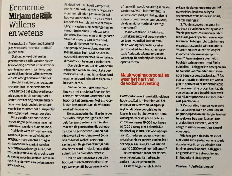 Minder bouwlobby PR, meer Mirjam de Rijk journalistiek