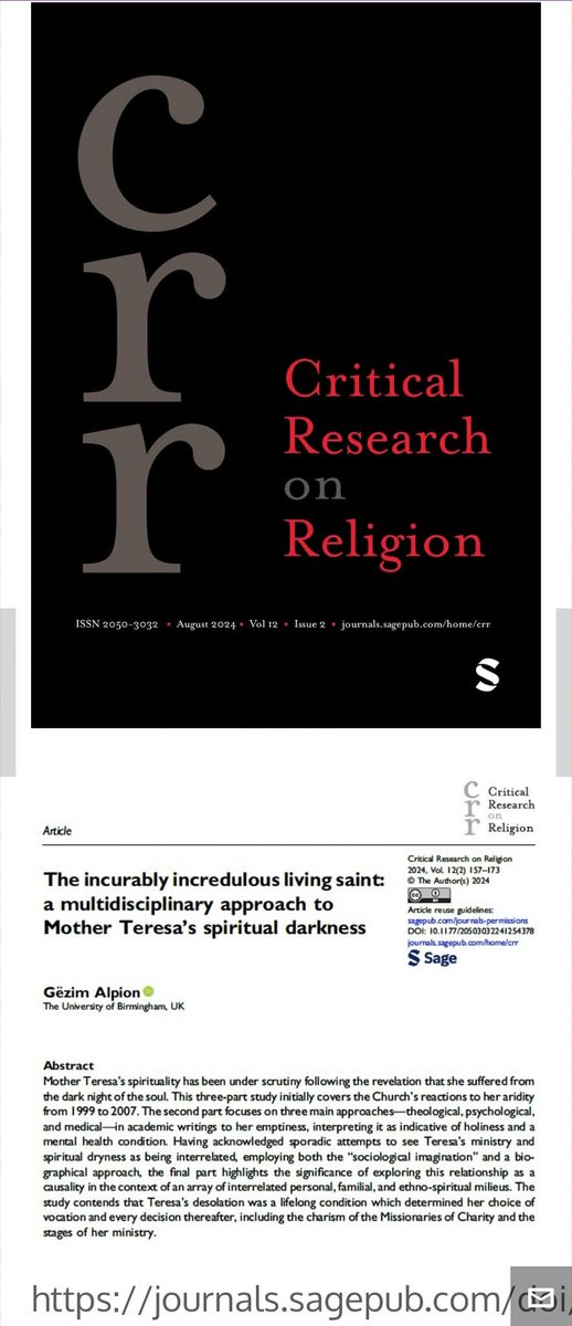 Gëzim Alpion (@gezimalpion) on Twitter photo The study on #MotherTeresa's #SpiritualDarkness is currently the most read article in <a href="/critresrel/">Center for Critical Research on Religion</a>.
journals.sagepub.com/doi/10.1177/20… The study on #MotherTeresa's #SpiritualDarkness is currently the most read article in <a href="/critresrel/">Center for Critical Research on Religion</a>.
journals.sagepub.com/doi/10.1177/20…