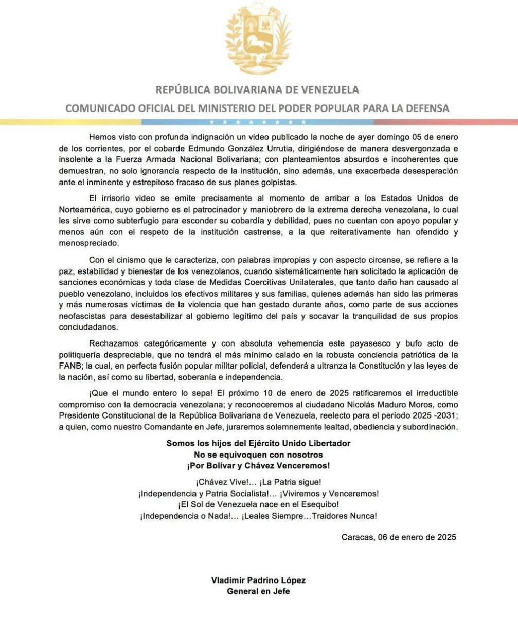 #06Ene || 📣 #IMPORTANTE 📄Comunicado Oficial por parte del ciudadano GJ Vladímir Padrino López acompañado del Alto Mando Militar, en rechazo a video insolente y desvergonzado publicado por el cobarde Edmundo González Urrutia.
#ComunicadoOficial