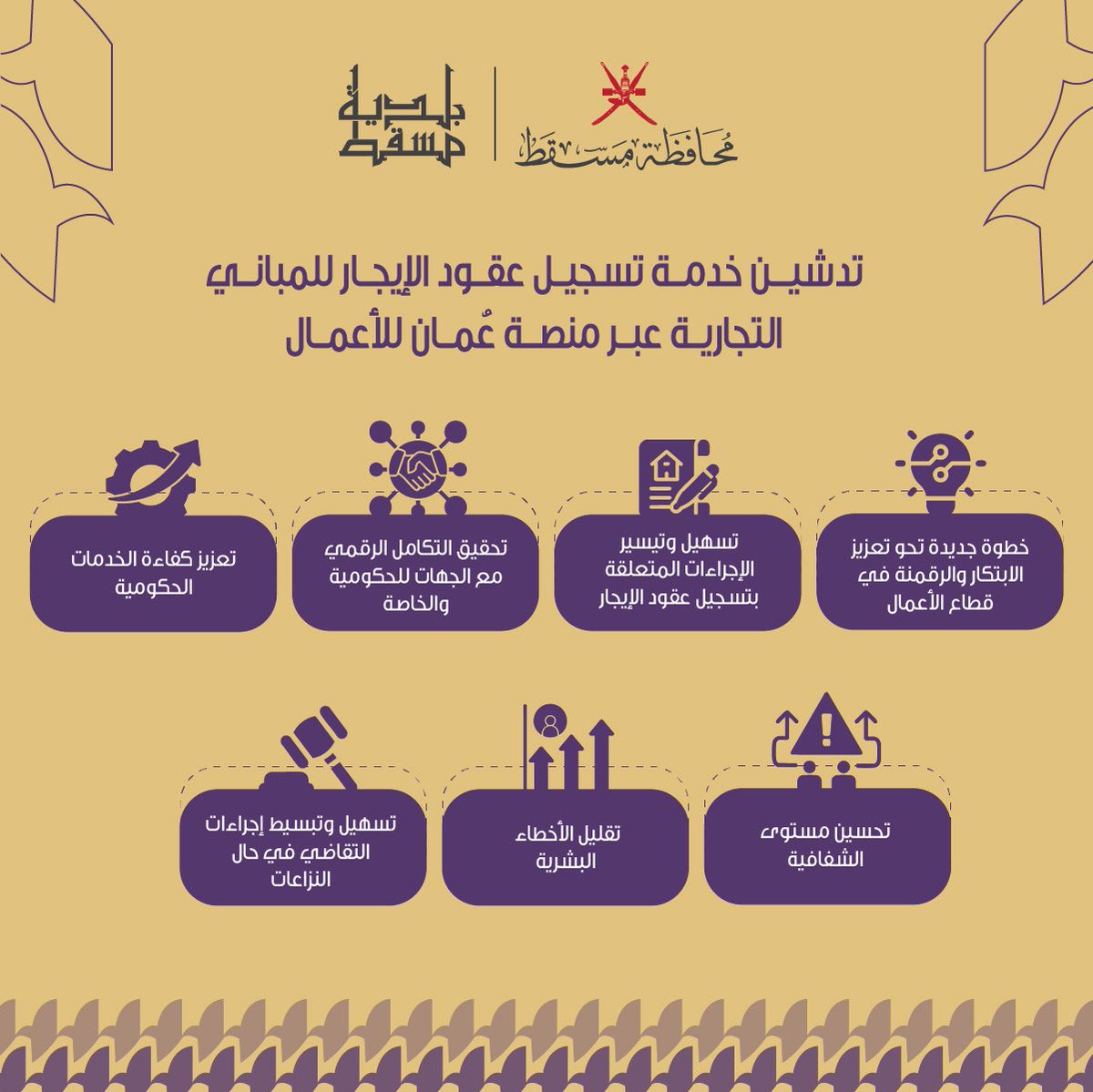 خدمة تسجيل عقود الإيجار عبر منصة #عُمان_للأعمال تعكس الجهود الحكومية لتعزيز بيئة الأعمال وتحقيق أهداف #رؤية_عُمان_2040 ،حيث تقدم الخدمة مزايا عديدة أبرزها: تسهيل الإجراءات، وتعزيز التكامل الرقمي، وتحسين الشفافية، ودعم كفاءة الخدمات الحكومية.

#مسقط_مستدامة_مزدهرة
#مسقط_بكم_أجمل