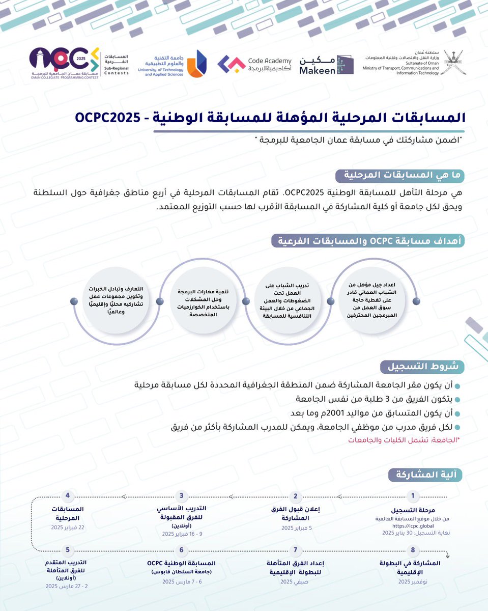 #مسابقة_عمان_الجامعية_للبرمجة |
المرحلة التأهيلية |

تعرف على المسابقة، اهدافها وشروط المشاركة✨
#المبرمجون_يغيرون_العالم
#ocpc2025

<a href="/mtcitoman/">وزارة النقل والاتصالات وتقنية المعلومات</a> 
<a href="/utas_oman/">جامعة التقنية والعلوم التطبيقية</a>