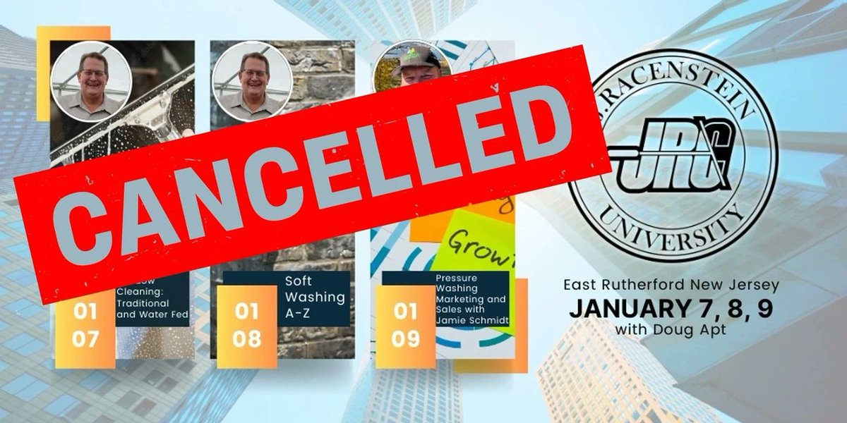 Attention window cleaners, pressure washers, and other exterior building cleaners:

JRC UNIVERSITY has been canceled for January 7-9, 2025, due to weather. If you have already purchased these classes, please contact us to reschedule or get a refund.