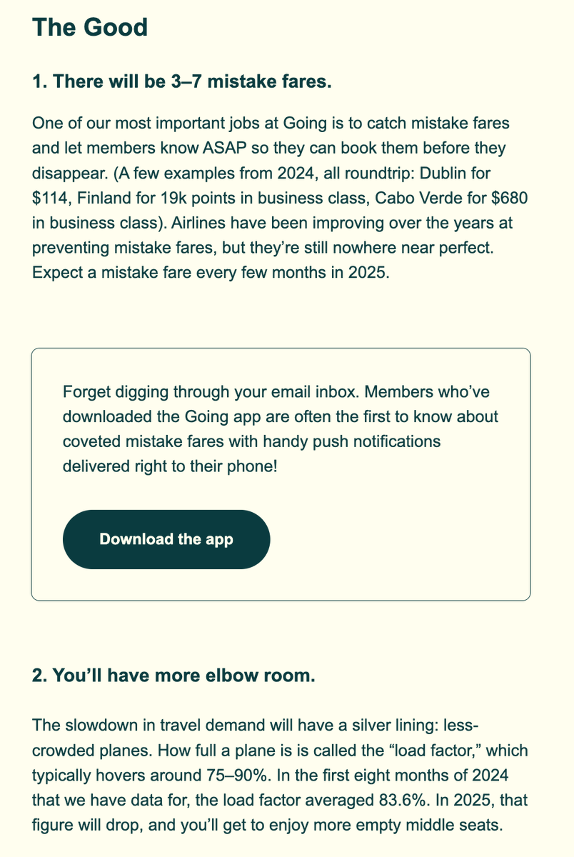 smkeyes's tweet photo. After going 10/12 in 2024, here's my 2025 @goingtweets travel predictions:

Good stuff:

(1) There will be 3–7 mistake fares.

(2) You’ll have more elbow room.

(3) More flights to Asia than 2024.

(4) More deals to Europe than 2024.

(5) No bag fee increases. https://t.co/cbdiPw5x72