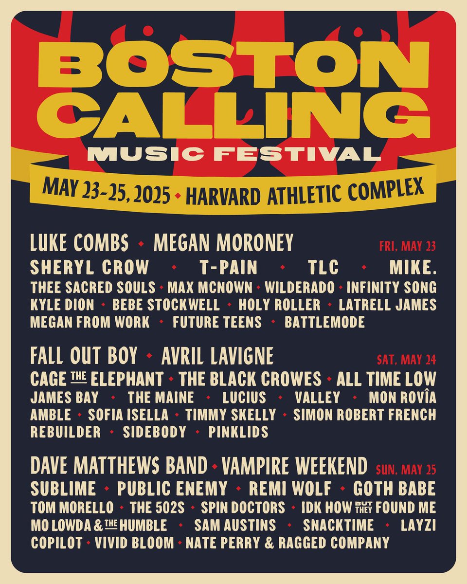 If It's Too Loud (@ifitstooloudblg) on Twitter photo . <a href="/bostoncalling/">Boston Calling</a> announces their best line up in years, including <a href="/falloutboy/">Fall Out Boy</a>, <a href="/davematthewsbnd/">Dave Matthews Band</a>, <a href="/vampireweekend/">Vampire Weekend</a>, <a href="/SherylCrow/">SherylCrowLovers</a>, <a href="/PublicEnemyFTP/">PUBLIC ENEMY</a>, <a href="/RebuilderBoston/">Rebuilder</a>, <a href="/SpinDoctorsBand/">Spin Doctors</a>, & more!
ifitstooloud.com/2025/01/boston… . <a href="/bostoncalling/">Boston Calling</a> announces their best line up in years, including <a href="/falloutboy/">Fall Out Boy</a>, <a href="/davematthewsbnd/">Dave Matthews Band</a>, <a href="/vampireweekend/">Vampire Weekend</a>, <a href="/SherylCrow/">SherylCrowLovers</a>, <a href="/PublicEnemyFTP/">PUBLIC ENEMY</a>, <a href="/RebuilderBoston/">Rebuilder</a>, <a href="/SpinDoctorsBand/">Spin Doctors</a>, & more!
ifitstooloud.com/2025/01/boston…