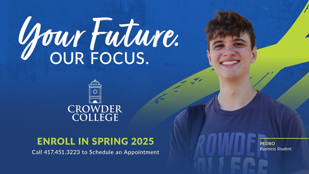 Classes begin next week (January 13), there's still time to enroll!

Apply at crowder.edu and make your enrollment appointment at 417-455-5670!