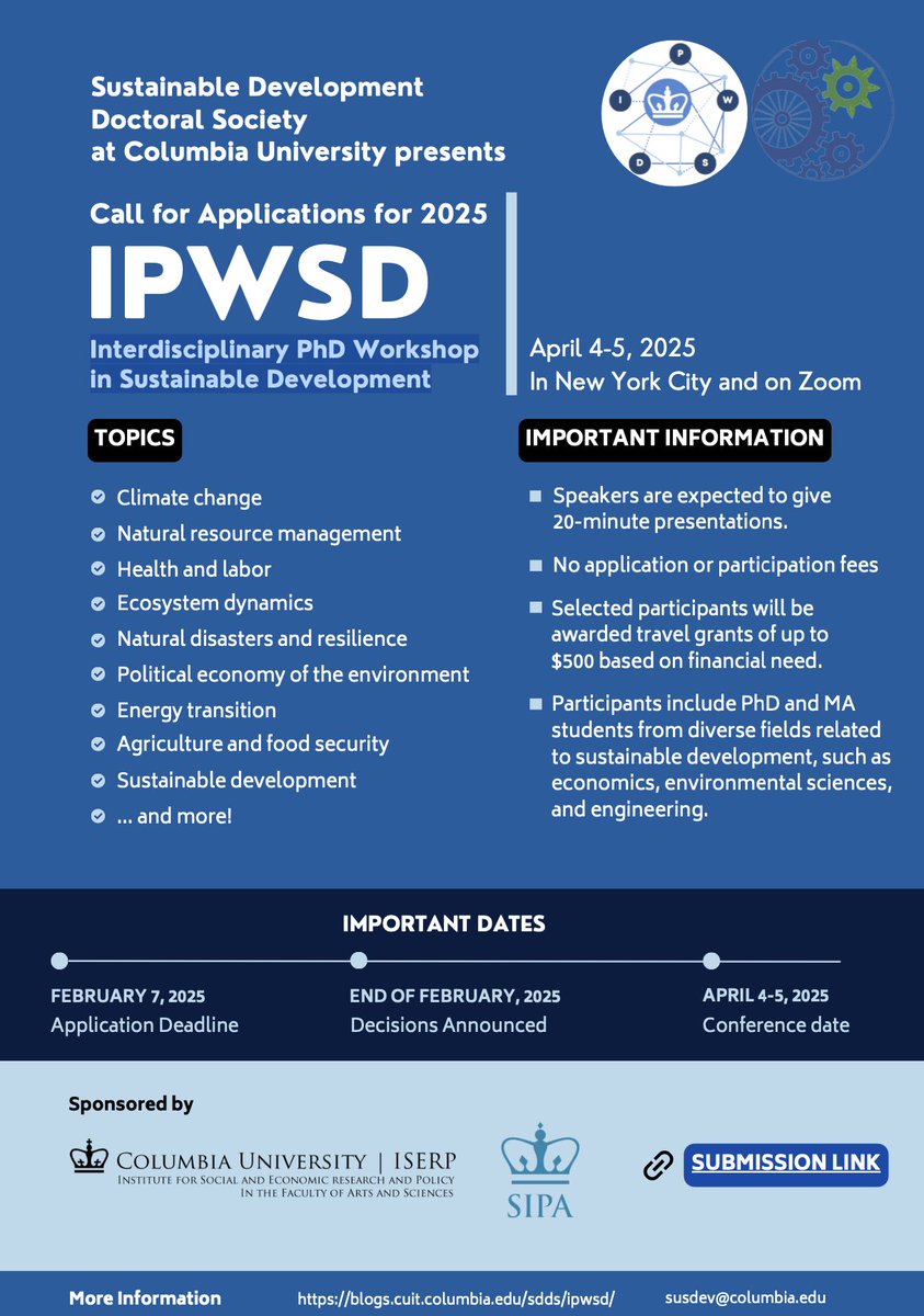 Calling all students doing interdisciplinary research at nexus of social &amp; natural sciences. Submit your application today for the Interdisciplinary PhD Workshop in Sustainable Development, April 4-5 in NYC.

Apply Here (deadline Feb. 7):
docs.google.com/forms/d/e/1FAI…

<a href="/iserp_columbia/">ISERP</a>