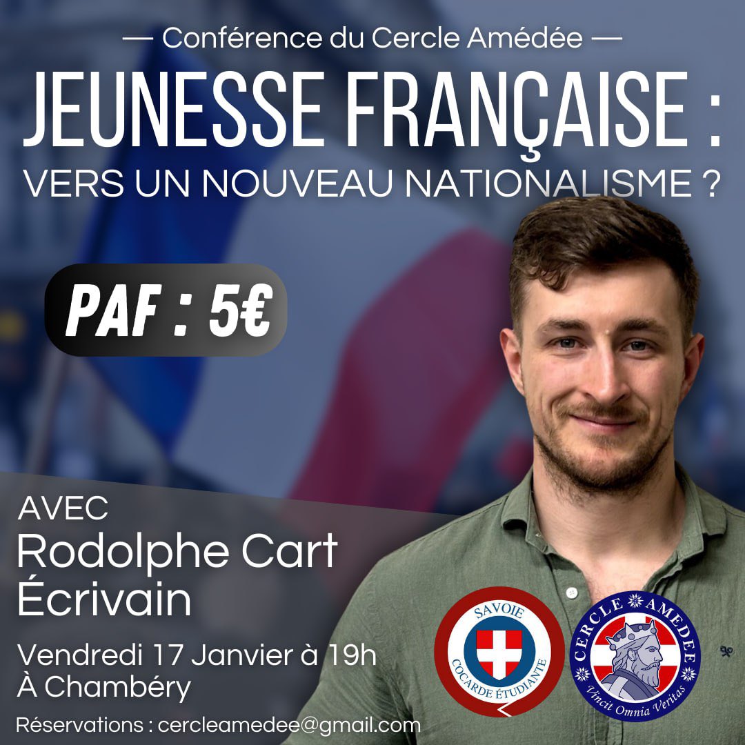 📢 1ère conférence de l’année avec <a href="/RodolpheCart/">Rodolphe Cart 🇨🇵</a> ! 

Nous vous donnons rendez-vous le vendredi 17 janvier à Chambéry pour parler de l’avenir du nationalisme au sein de la jeunesse française ! 🇫🇷

À vos inscriptions !