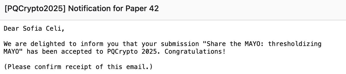 'Share the MAYO' (with <a href="/deescuderoo/">Daniel Escudero</a> and <a href="/GuilhemN_/">Guilhem N</a>) about thresholdising MAYO and UOV goes to Taiwan at PQCrypto2025! eprint.iacr.org/2024/1960
