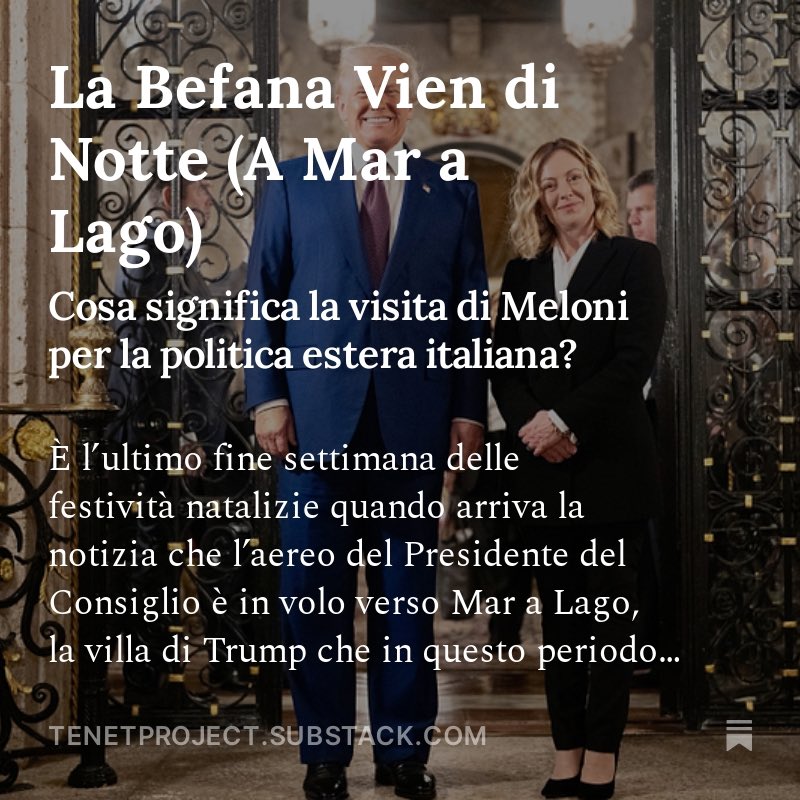 Ho scritto due righe di riflessione sulla visita lampo di Giorgia #Meloni a #Trump   cercando di evidenziare cosa sappiamo e cosa ci dice sulla politica estera del nostro paese. 

open.substack.com/pub/tenetproje…