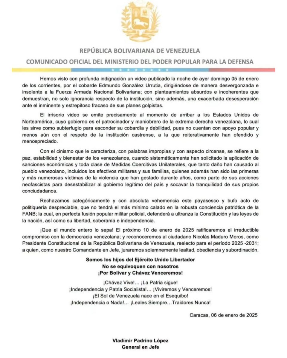 🇻🇪 #06ene || 📢¡𝐀𝐬í 𝐥𝐨 𝐃𝐢𝐣𝐨!  <a href="/padrinovladimir/">jose duarte</a> en su #COMUNICADO 📄 al Pueblo de Venezuela y a la #FANB