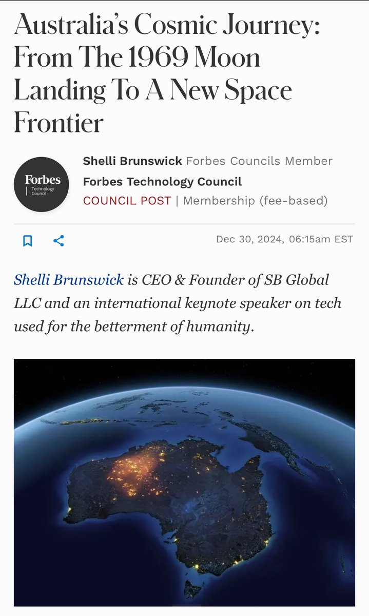 shellibrunswick's tweet image. I&apos;m thrilled to share my latest @ForbesTechCncl article, Australia’s Cosmic Journey: From the 1969 Moon Landing to a New Space Frontier.

#SpaceInnovation #AustraliaInSpace #ForbesTechCouncil #STEMEducation #SpaceEconomy #ArtemisProgram #NewSpaceFrontier