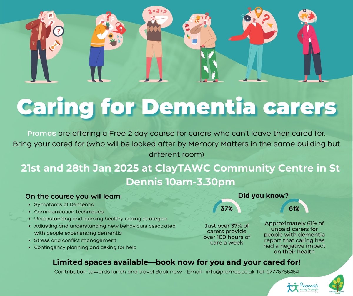 Cornwall Carers Service (@cornwallcs) on Twitter photo 🧠 Free 2-Day Course for Dementia Carers 🧠
If you care for someone with dementia but are concerned about leaving them to attend a course? Well, <a href="/PromasCIC/">Promas CIC</a> are offering a course designed for carers who can’t leave their cared-for. All the info you need is in the image below. 🧠 Free 2-Day Course for Dementia Carers 🧠
If you care for someone with dementia but are concerned about leaving them to attend a course? Well, <a href="/PromasCIC/">Promas CIC</a> are offering a course designed for carers who can’t leave their cared-for. All the info you need is in the image below.