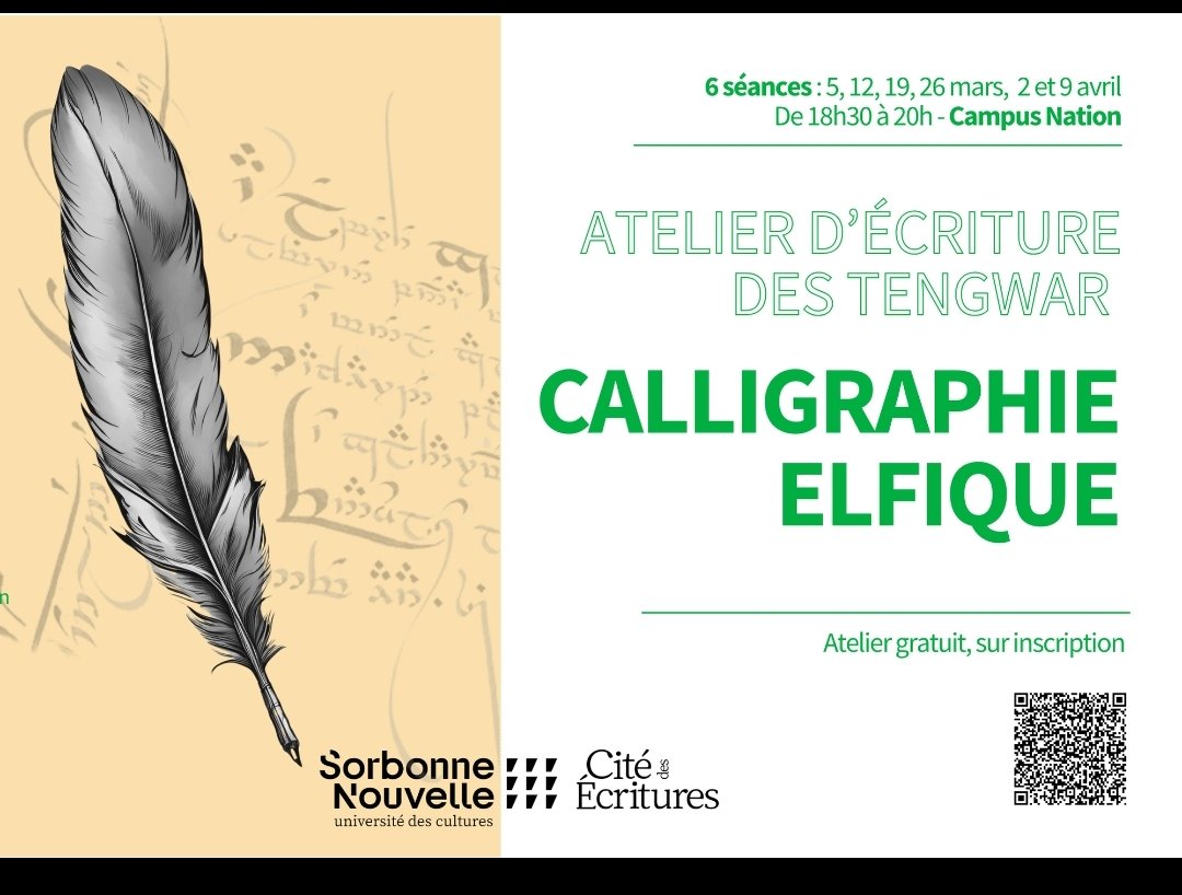 Confirmation : des ateliers d'écriture #elfique #tengwar à la <a href="/Sorbonne_Nvelle/">Université Sorbonne Nouvelle</a> en mars avril, grâce à Irwin Piot <a href="/tolkiendilfr/">Association Tolkiendil</a> et à la cité des écritures 😊