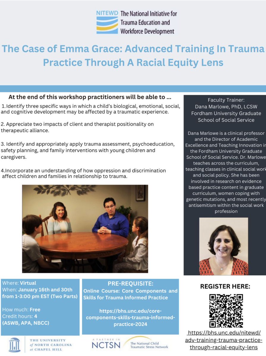 You still have time to register for this Advanced Training Opportunity ! Don't miss out!

#CE #NITEWD #SSW #Truama #RacialEquity #NCTSN