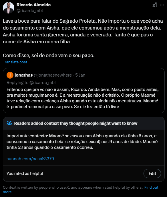 O membro muçulmano do MBL ganhou uma nota da comunidade sobre o casamento Maomé-Aisha.