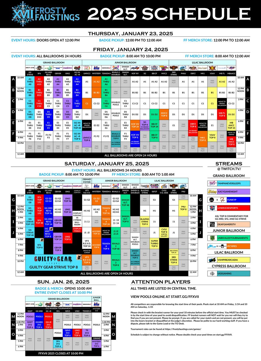 📢Presenting our full, detailed event schedule for all of our main game tournaments at #FFXVII2025
🗓️Please use this to plan your event experience!
⏲️Deadline for main game registration is 1/12 at midnight. Spectator reg remains open throughout the event while supplies last.