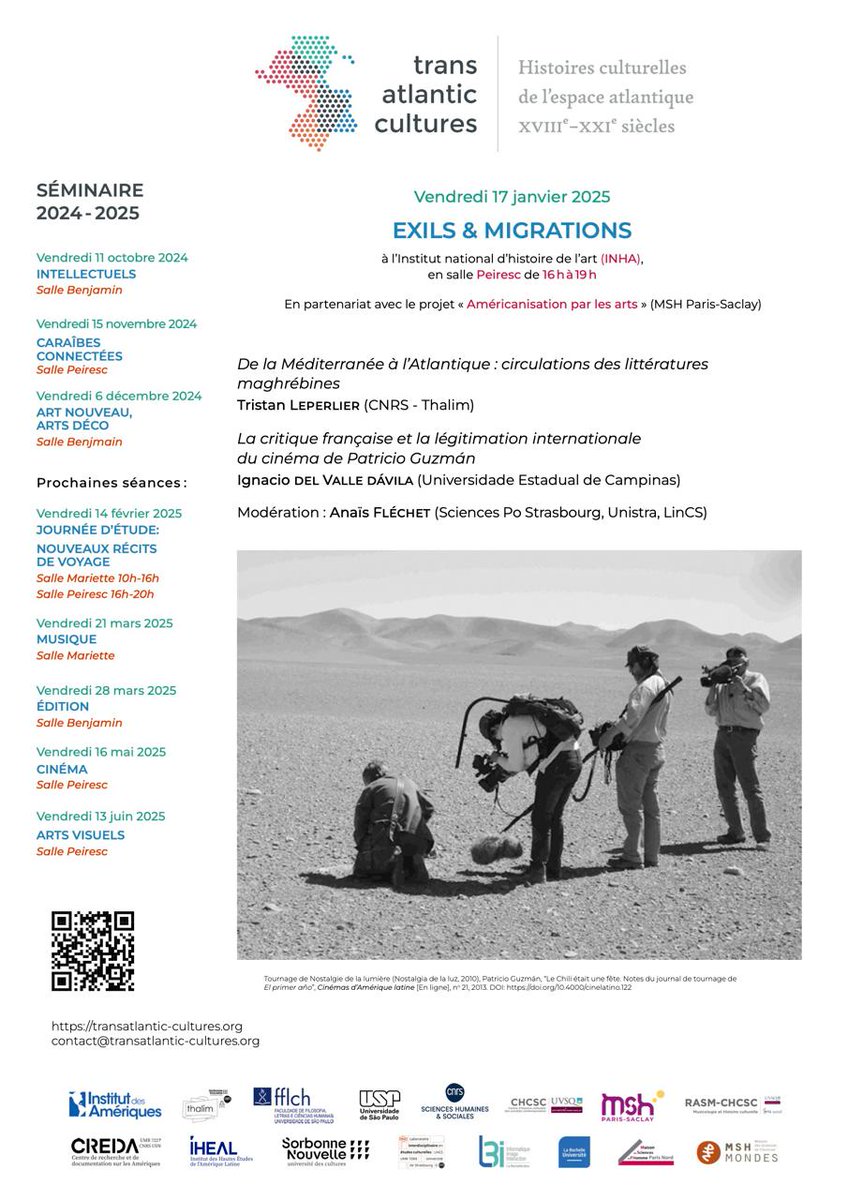 🔥"Exils et migrations" au programme du prochain séminaire TRANSATLANTIC CULTURES le vendredi 17 janvier 2025, 16h-19h. Avec Tristan Leperlier (<a href="/CNRSshs/">CNRS Sciences humaines & sociales</a>) et <a href="/Idelvalledavila/">Ignacio del Valle Dávila</a> (<a href="/Unicamp_Global/">Unicamp Global</a>)🔥

<a href="/IHEAL_CREDA/">IHEAL - CREDA</a> <a href="/idameriques/">Institut des Amériques</a> <a href="/InstUnivFr/">Institut universitaire de France (IUF)</a> 

⬇️⬇️