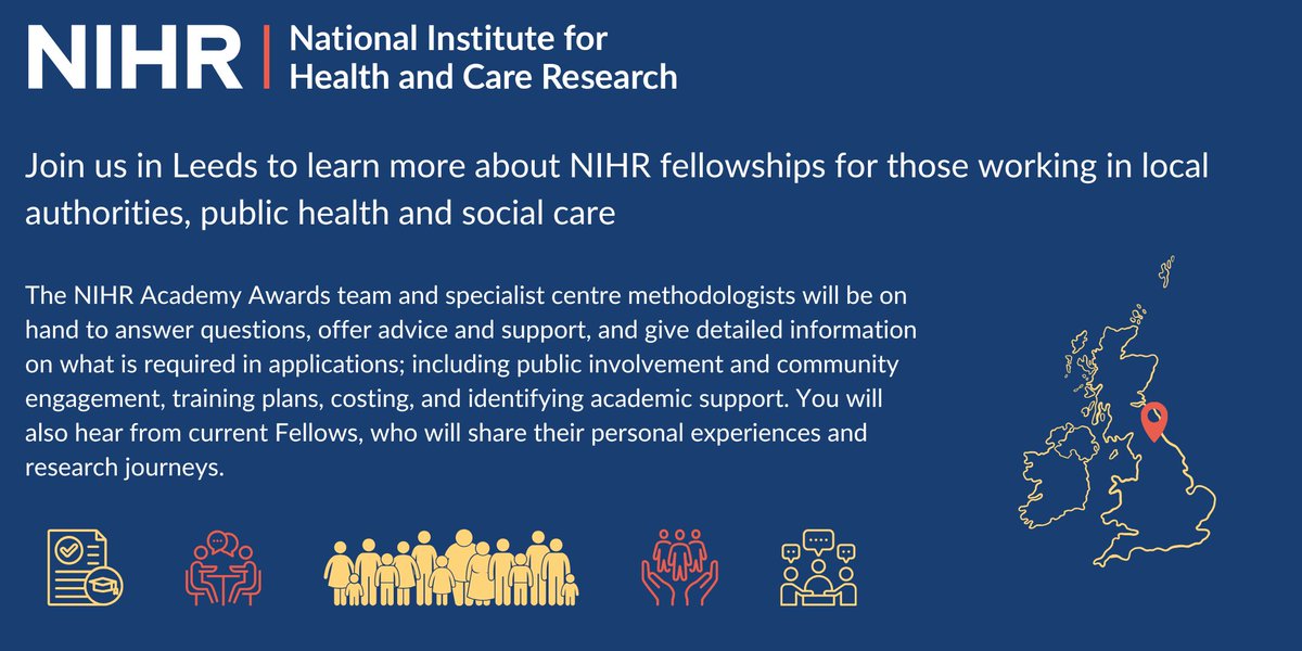 Are you applying for a NIHR Fellowship - Pre Doc, Doc or Advanced??

If so, NIHR are holding a face to face event for those from Local Government settings in 🏴󠁧󠁢󠁥󠁮󠁧󠁿 to provide specialist advice &amp; guidance.

23rd January in Leeds.

A few places left.

Details - sites.google.com/view/nihrrsssc…