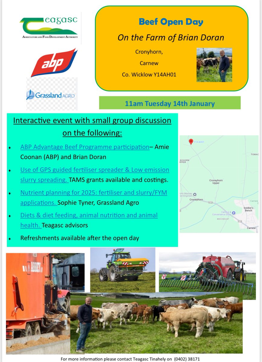 Beef Farmers!! Don’t miss our interactive spring beef event in Carnew on Tuesday 14th January @ 11.00am. Contributors include host farmer, ABP, Grassland Agro, Teagasc Specialists and Advisors. Tea/Coffee &amp; Refreshments afterwards