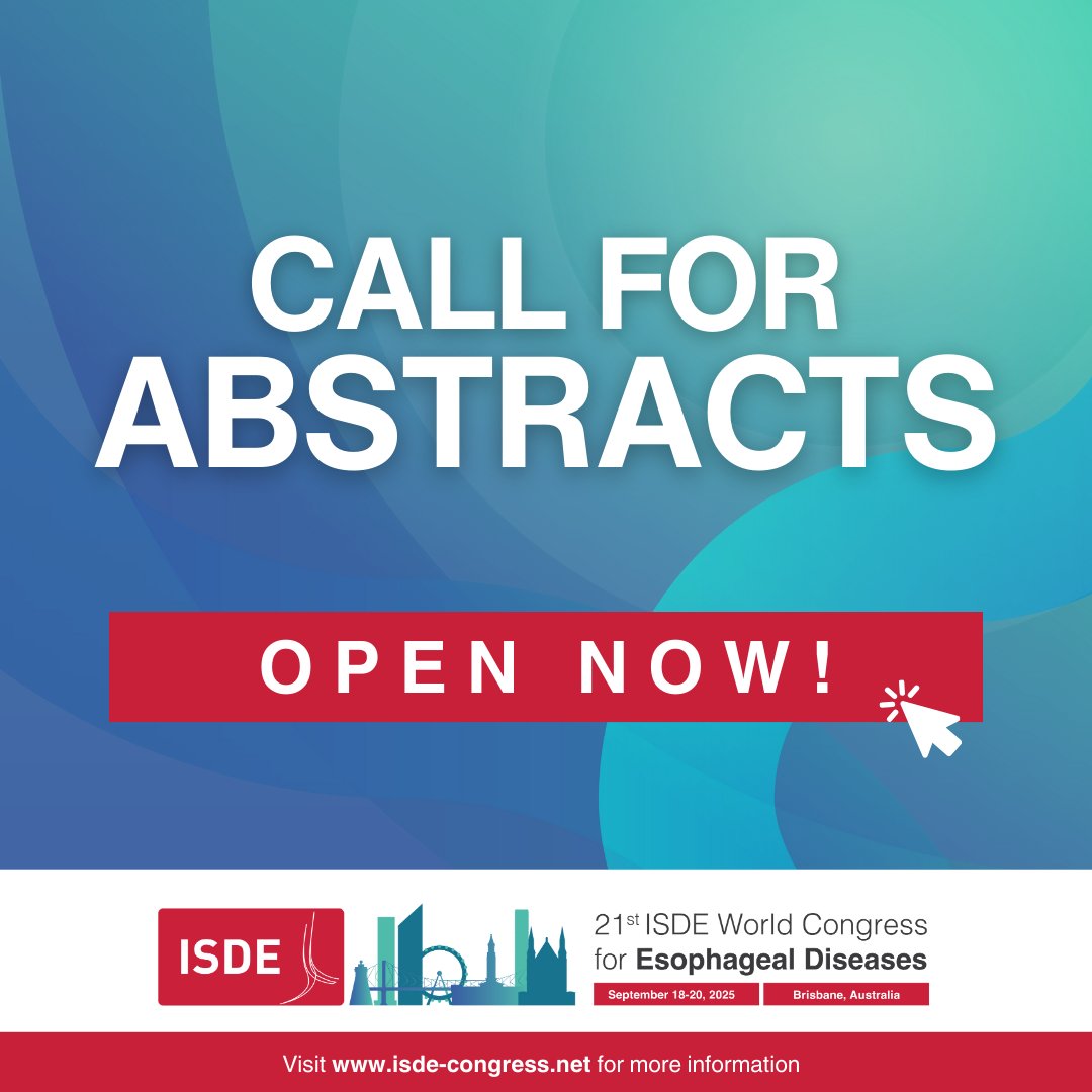 🚨 #ISDE2025 Abstract Submissions Are NOW OPEN!

Join the 21st ISDE World Congress for Esophageal Diseases, submit your research and showcase your work on a global stage!
🔗 Submit Here: isde-congress.net/abstracts

#ISDE #EsophagealDiseases #Esophagus #esophageal #medicalconference