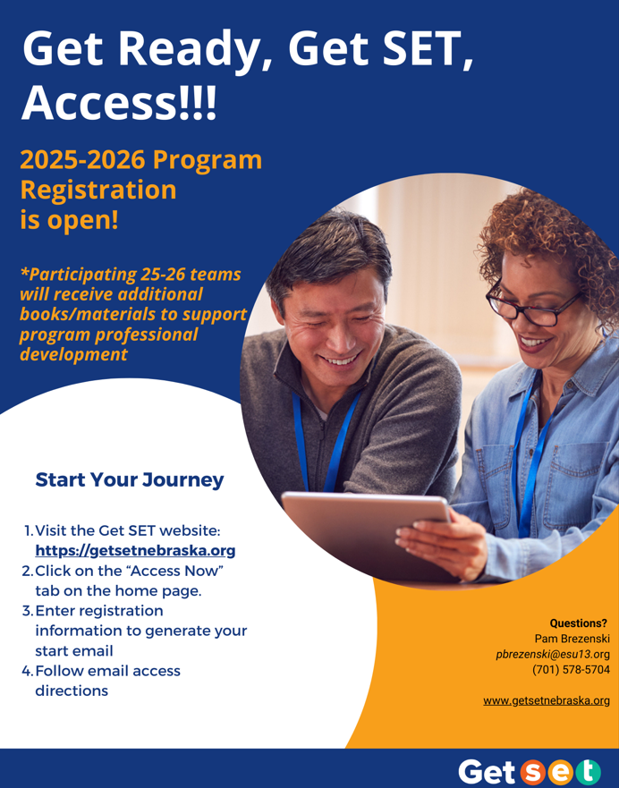 GetSETNebraska's tweet photo. Get Ready, Get SET, Access!!
Get SET Nebraska is ready to receive 2025-2026 school year registrations. Support your new special education teachers and receive additional professional development materials to support the program. https://t.co/83uE2SgGAS https://t.co/Ij2lgytGhR
