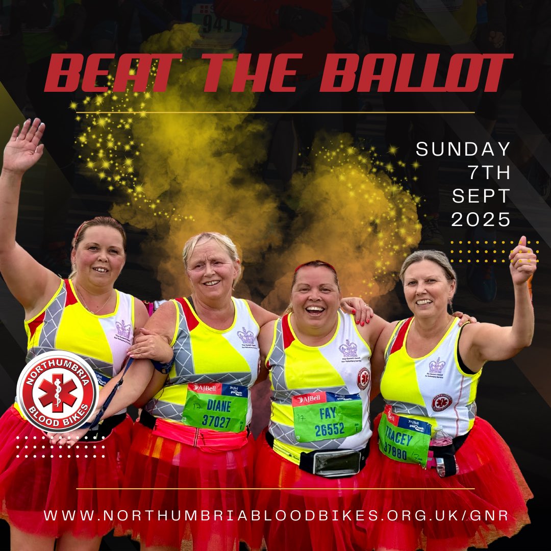 Beat the ballot by joining #TeamBloodBikes in this year’s <a href="/Great_Run/">Great Run</a>

Take on the challenge and raise vital funds for our charity.

Secure your place today via:
northumbriabloodbikes.org.uk/GNR

#BloodBikes #MakeADifference #runningtomakeadifference #BloodBikesGNR #supportingthenhs