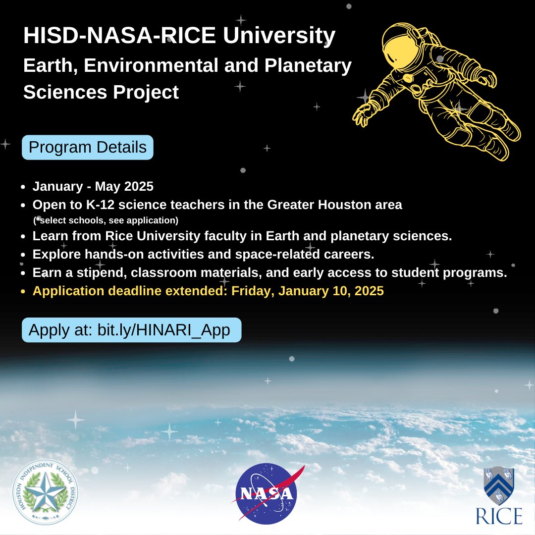 Discover the wonders of Earth, Environmental, and Planetary Sciences through the HISD-NASA-RICE University EEPS Project! Elevate your teaching and empower the next generation of STEM innovators. 

📝 Apply Now: bit.ly/HINARI_App
📅 Deadline *EXTENDED*: January 10, 2025