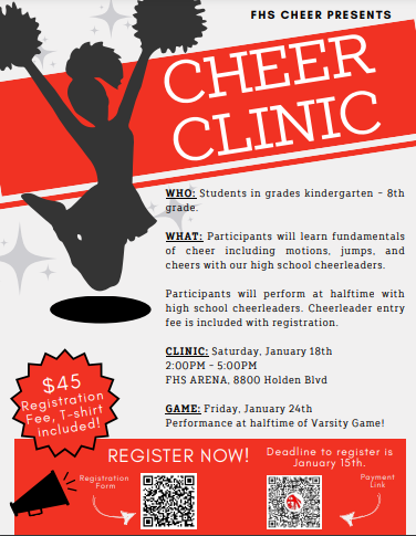 FCSDNews's tweet photo. Join the Fairfield High School cheerleaders for a Cheer Clinic! Learn the fundamentals of sideline cheer with an opportunity to perform at halftime during a varsity basketball game with our cheerleaders! Use the QR codes to sign up! Registration closes on January 15. https://t.co/0IkNFXcthG