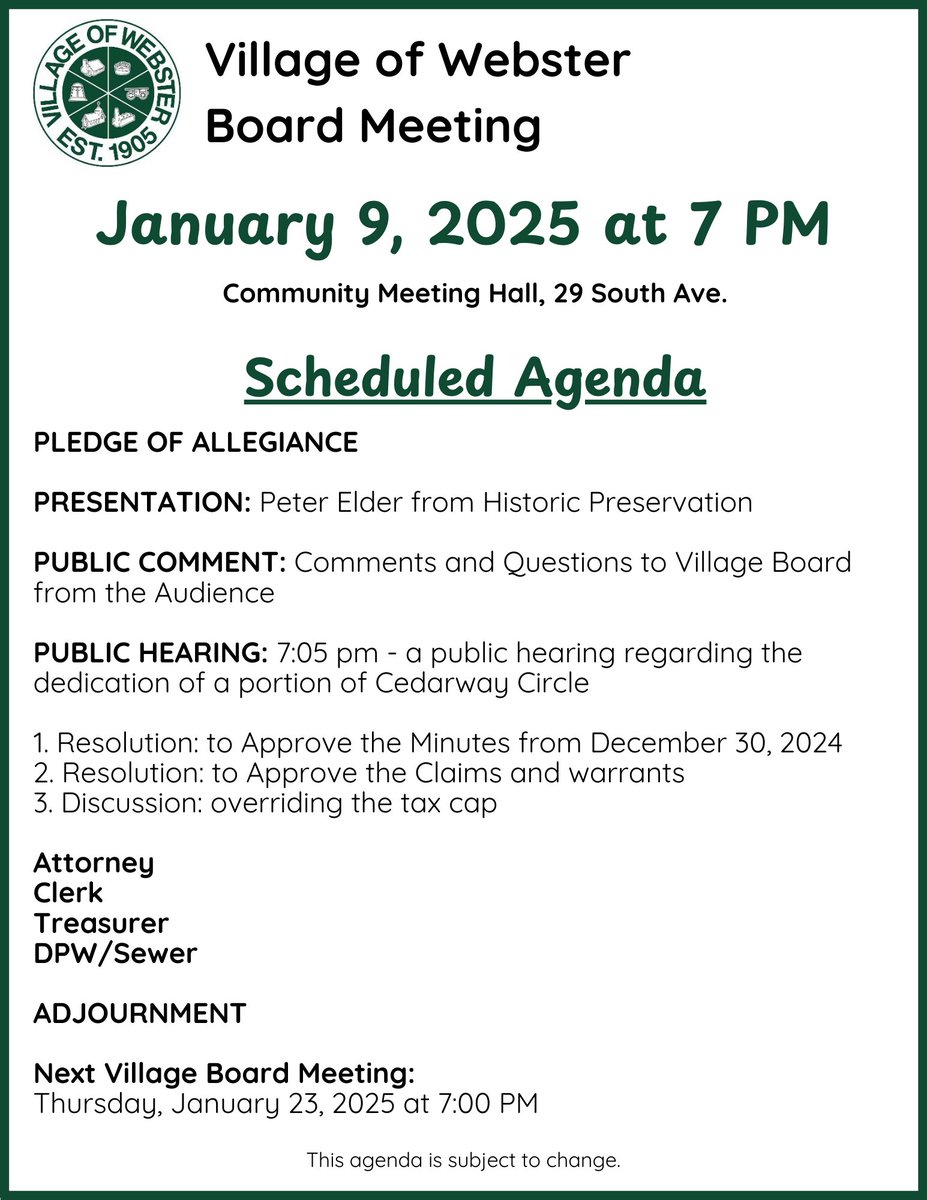 Village Board Meeting Agenda for January 9, 2025