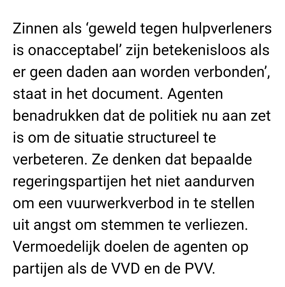 VVD NSC PVV en BBB krijgen snoeiharde kritiek van #politie voor het weigeren om maatregelen te nemen zoals een #vuurwerkverbod. 👇🏽

✅️Er ligt een voorstel van <a href="/PartijvdDieren/">Partij voor de Dieren</a> &amp; GL/PvdA klaar. Nu nog een politieke meerderheid.

🚨<a href="/VVD/">VVD</a> <a href="/NwSocContract/">Nieuw Sociaal Contract</a> etc: kom over de brug!